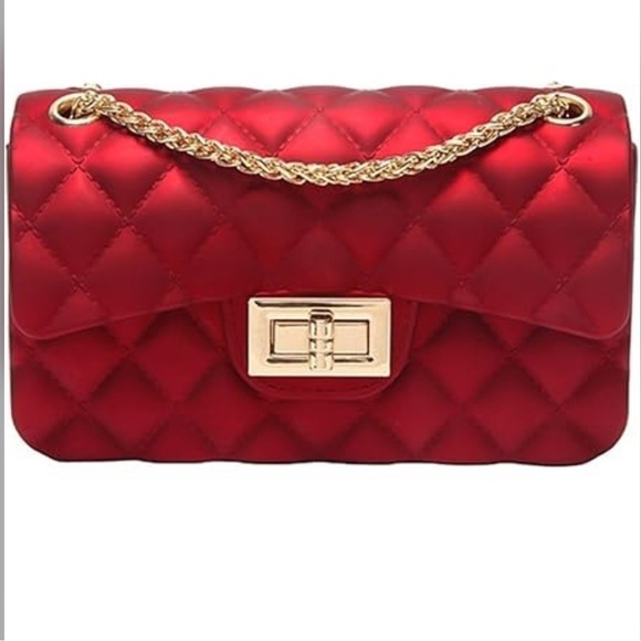 Le Miel Jelly Rubber Shoulder Bag Clutch Quilted Iridescent Red Gold Chain Strap - Picture 2 of 11